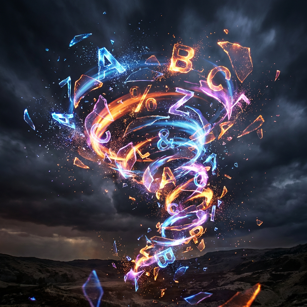 A swirling vortex of glowing letters and symbols mixed with shattered glass under a dark sky.