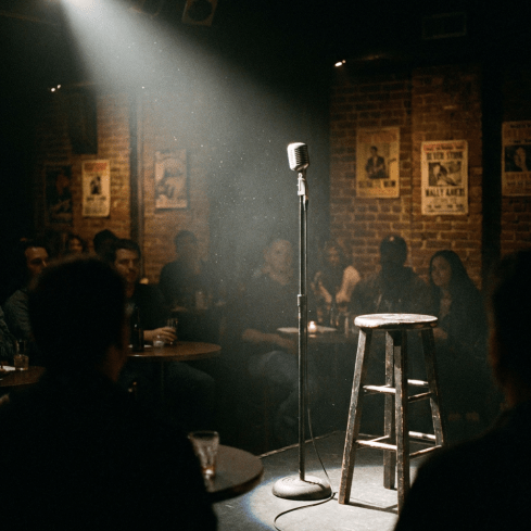A vintage microphone and wooden stool under a spotlight on a dark stage.